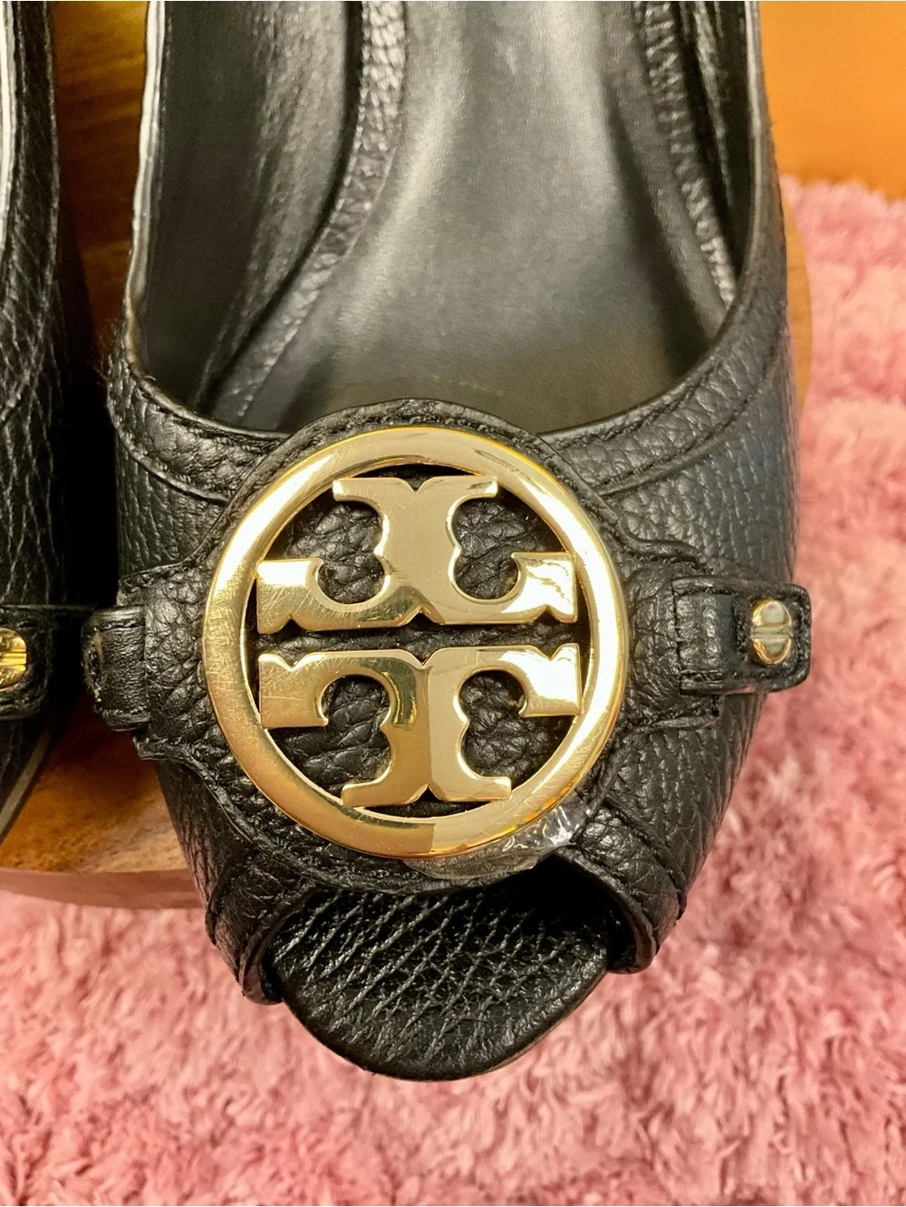 Tory Burch Black Peep-Toe Leather Pumps with Gold Logo Medallion